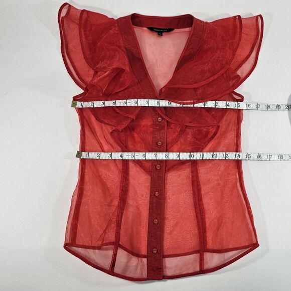 Karen Millen Red Sheer Organza Ruffle Blouse UK 8 US 4 EU 36 Button Front Top - Picture 6 of 7